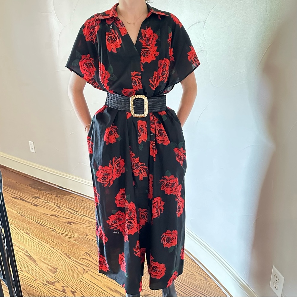 ADAM LIPPES Black and Red Rose Long Shirt Dress Cotton size M🌸